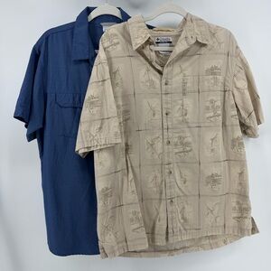 Columbia River Lodge Fishing Print & Blue Nylon Blend Shirts, Men's Size Large
